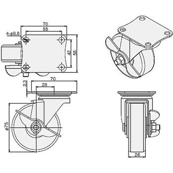 キャスターD(自在)Φ75ナイロン SUS(エスユーエス)