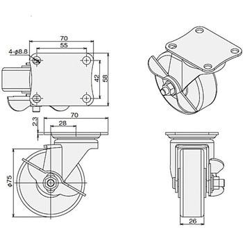 キャスターD(自在)Φ75ナイロン SUS(エスユーエス)