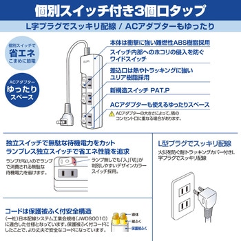 スイッチ付タップ 電源タップ  180°角度調整 回転式プラグ ランプレススイッチ 上挿し 耐雷サージ付き ELPA