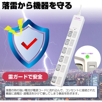 スイッチ付タップ 電源タップ  個別LEDスイッチランプ 上挿し 耐雷サージ付き ELPA