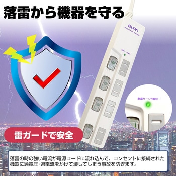スイッチ付タップ 電源タップ  個別LEDスイッチランプ 上挿し 耐雷サージ付き ELPA