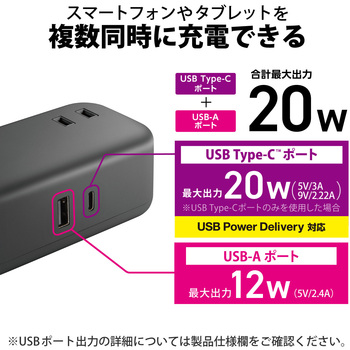 電源タップ (コンセント×2 Type-C×1 USB-A×1) PD対応 エレコム