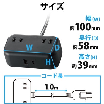 電源タップ (コンセント×2 Type-C×1 USB-A×1) PD対応 エレコム