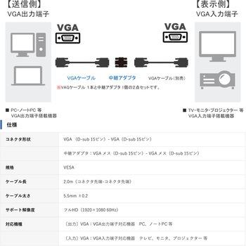 VGA ケーブル 中継アダプタ付 Vodaview