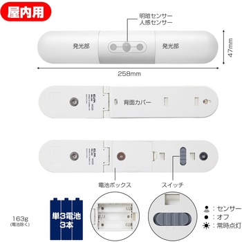 LED 人感センサーライト 電池式 コーナー 用 自動点灯 常時点灯可