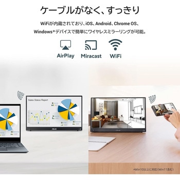液晶モニタ 15.6インチ ワイヤレスポータブルモニター IPS バッテリー内蔵 三脚穴付き MB16AWP - ASUS(エイスース)