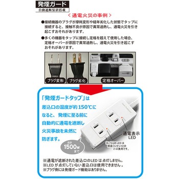 発煙ガード付電源タップ3個口 トラッキング火災防止プラグ オーム電機