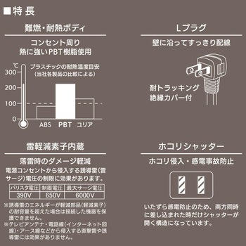 LED個別スイッチ付電源タップ3個口  雷ガード ホコリシャッター オーム電機