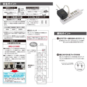発煙ガード個別押しボタンスイッチ付き電源タップ 雷ガード オーム電機