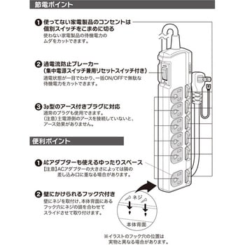 ブレーカー付き電源タップ 3ピンプラグ対応 アース付 雷ガード 6個口 1.8m オーム電機