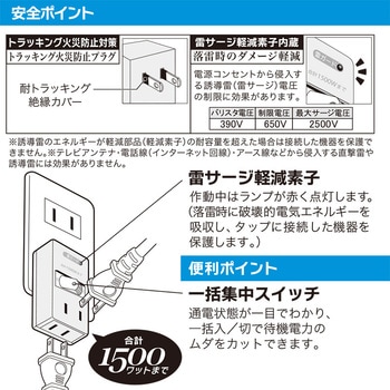 LED集中スイッチ付電源タップ 2個口 雷ガード  耐トラッキング絶縁カバー付 オーム電機