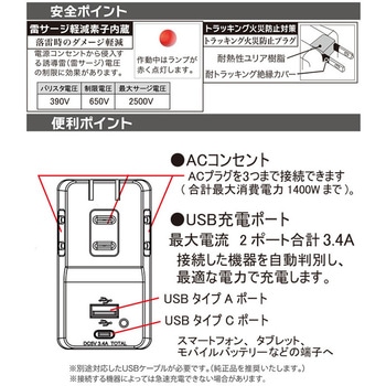 雷ガード USBポート付き電源タップ 3個口 Type-C/A各1個口 オーム電機