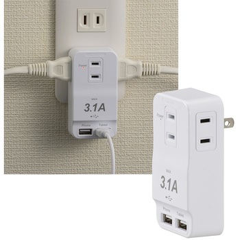 発煙ガード安全タップ 3個口 USBポート2個口 オーム電機