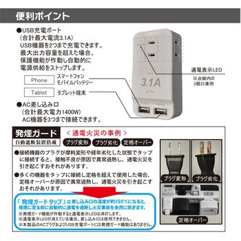 発煙ガード安全タップ 3個口 USBポート2個口 オーム電機