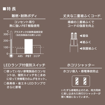 HS-TP32ADW22 LED個別スイッチ付電源タップ 交互コンセント ホコリシャッター オーム電機 L型プラグ 3個口 コード長2m  HS-TP32ADW22 - 【通販モノタロウ】