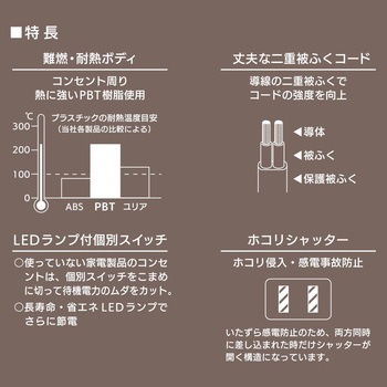 LED個別スイッチ付電源タップ 交互コンセント ホコリシャッター オーム電機