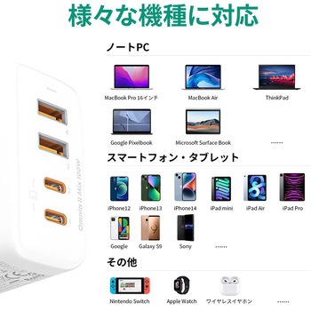 USB充電器 Omnia II Mix 100W PD対応 [USB-A 2ポート/USB-C 2ポート] AUKEY(オーキー)