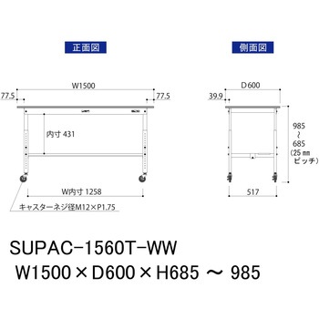 軽量作業台/耐荷重128kg_高さ調整移動式H685～985_半面棚板付_ワークテーブル150シリーズ 山金工業