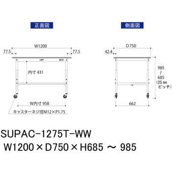 軽量作業台/耐荷重128kg_高さ調整移動式H685～985_半面棚板付_ワークテーブル150シリーズ 山金工業