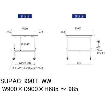軽量作業台/耐荷重128kg_高さ調整移動式H685～985_半面棚板付_ワークテーブル150シリーズ 山金工業