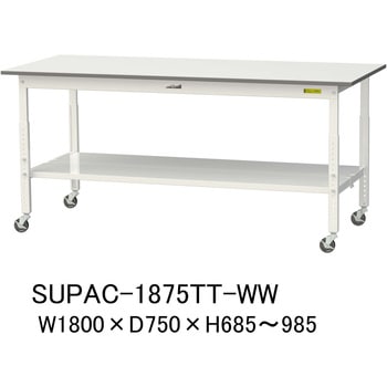 軽量作業台/耐荷重128kg_高さ調整移動式H685～985_全面棚板付_ワークテーブル150シリーズ 山金工業
