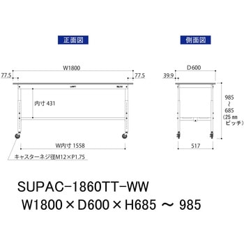 軽量作業台/耐荷重128kg_高さ調整移動式H685～985_全面棚板付_ワークテーブル150シリーズ 山金工業