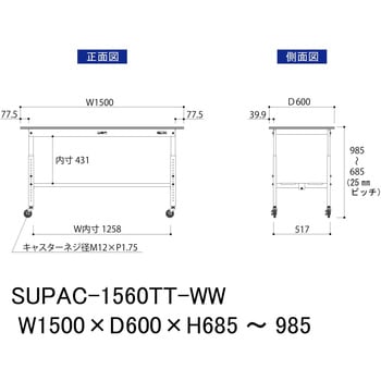 軽量作業台/耐荷重128kg_高さ調整移動式H685～985_全面棚板付_ワークテーブル150シリーズ 山金工業