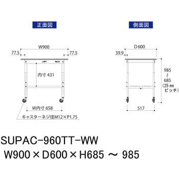 軽量作業台/耐荷重128kg_高さ調整移動式H685～985_全面棚板付_ワークテーブル150シリーズ 山金工業