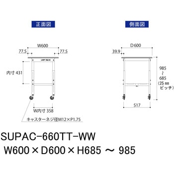 軽量作業台/耐荷重128kg_高さ調整移動式H685～985_全面棚板付_ワークテーブル150シリーズ 山金工業