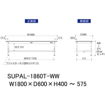 軽量作業台/耐荷重150kg_低床用高さ調整H400～575_半面棚板付_ワーク