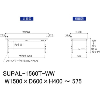 軽量作業台/耐荷重150kg_低床用高さ調整H400～575_半面棚板付_ワークテーブル150シリーズ 山金工業