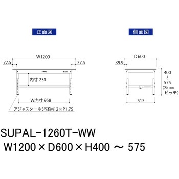 軽量作業台/耐荷重150kg_低床用高さ調整H400～575_半面棚板付_ワークテーブル150シリーズ 山金工業