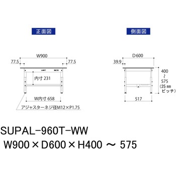 軽量作業台/耐荷重150kg_低床用高さ調整H400～575_半面棚板付_ワークテーブル150シリーズ 山金工業