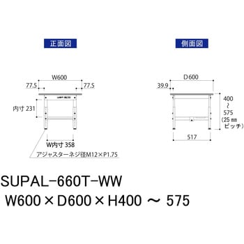 軽量作業台/耐荷重150kg_低床用高さ調整H400～575_半面棚板付_ワークテーブル150シリーズ 山金工業