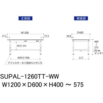 軽量作業台/耐荷重150kg_低床用高さ調整H400～575_全面棚板付_ワークテーブル150シリーズ 山金工業