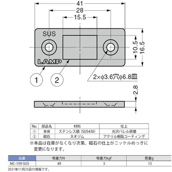 ステンレス鋼製極薄型マグネットキャッチ MC-159-SUS LAMP(スガツネ)