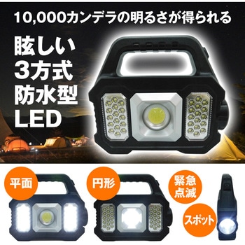 ソーラー充電併用3方式LEDライト、点灯、点滅、平面、円形、スポットライト ブロードウォッチ