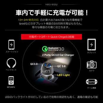 カーチャージャー 車載充電器 Qyick Charge3.0搭載 12V-24V対応 LUFT
