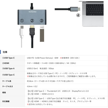 Type-C to HDMI マルチ Dock アダプタ シルバー Vodaview