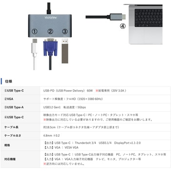 Type-C to VGA マルチ Dock アダプタ シルバー Vodaview