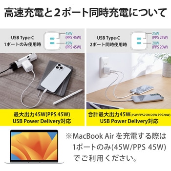USB Type-C 充電器 PD PPS対応 合計出力45W Type C×2 折りたたみプラグ 小型 軽量 エレコム