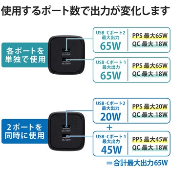 USB Type-C 充電器 PD PPS対応 合計出力65W Type C×2 折りたたみプラグ 小型 軽量 エレコム
