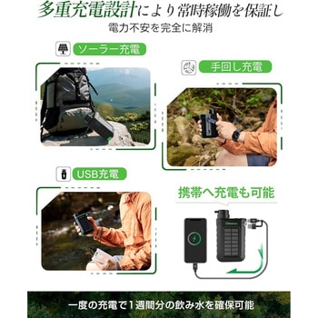 ソーラーパネル&手回し発電機搭載 電動携帯浄水器 Greeshow