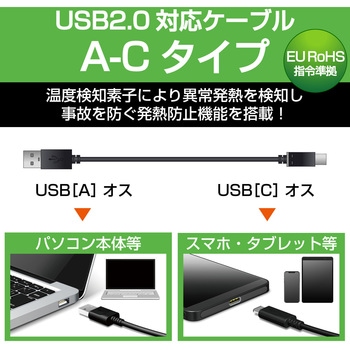 USBケーブル A-C USB2.0 認証品 温度検知機能付 タイプC スマートフォン タブレット エレコム