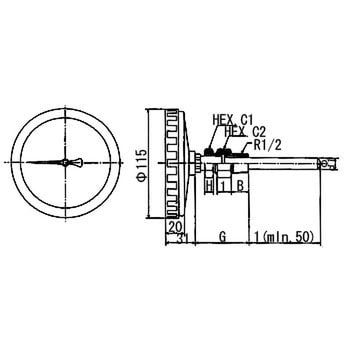 バイメタル温度計(裏型) 測定範囲0～100℃ NBT-WT