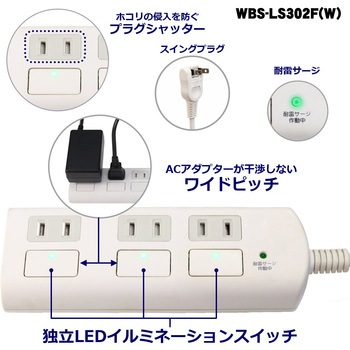 耐雷フラットスイッチ付タップ 独立スイッチ ホコリ防止シャッター付き トラッキング 火災予防 ELPA