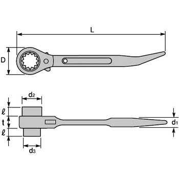両口ラチェットレンチショートタイプ 曲りしの付(スライド穴付タイプ