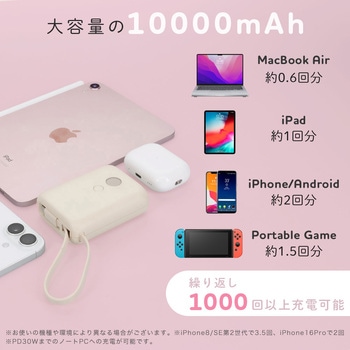 USB-Cケーブル一体型モバイルバッテリー 10000mAh 残量表示ディスプレイ PD35W入出力 PSE適合製品 MOTTERU