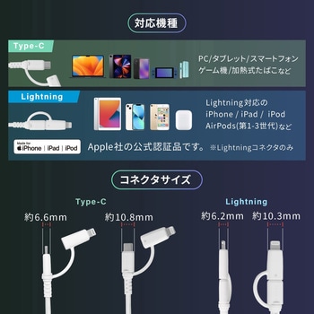 やわらか超タフで断線に強い 耐屈曲10万回以上 PD60W充電対応USB Type-C to Type-C/Lightning 2in1ケーブル OWLTECH(オウルテック)