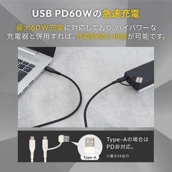 超タフで断線に強い 耐屈曲10万回以上 最大PD60W充電対応Type-A/USB Type-C to USB Type-C 2in1ケーブル OWLTECH(オウルテック)
